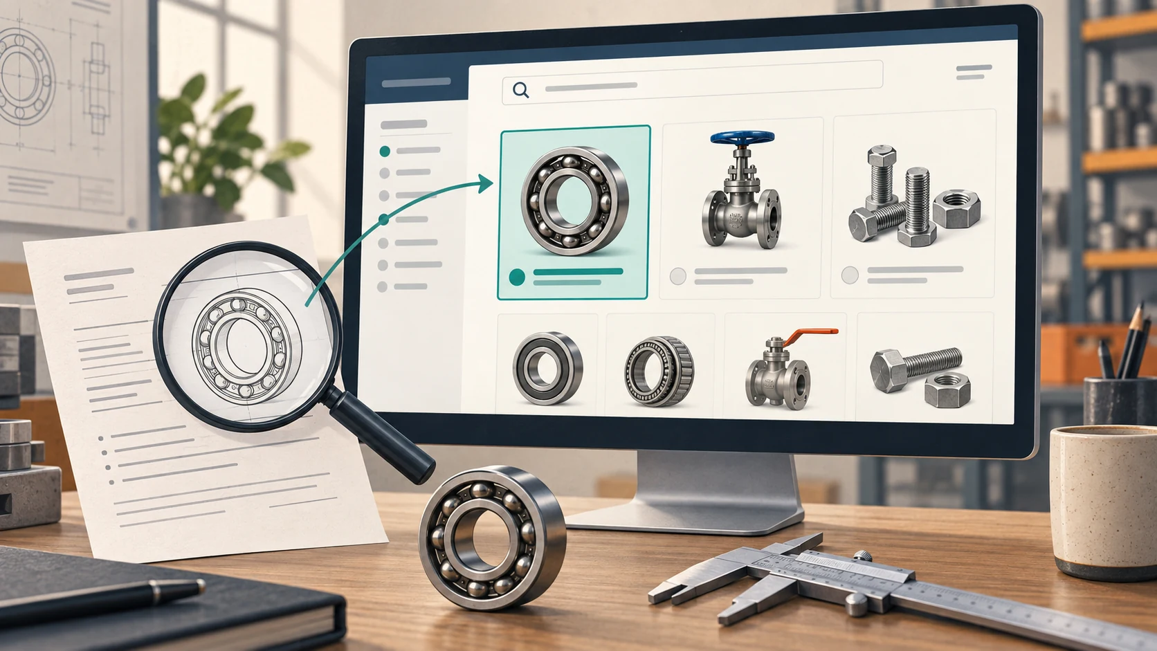 A product drawing matched to the correct bearing in a searchable digital catalogue.