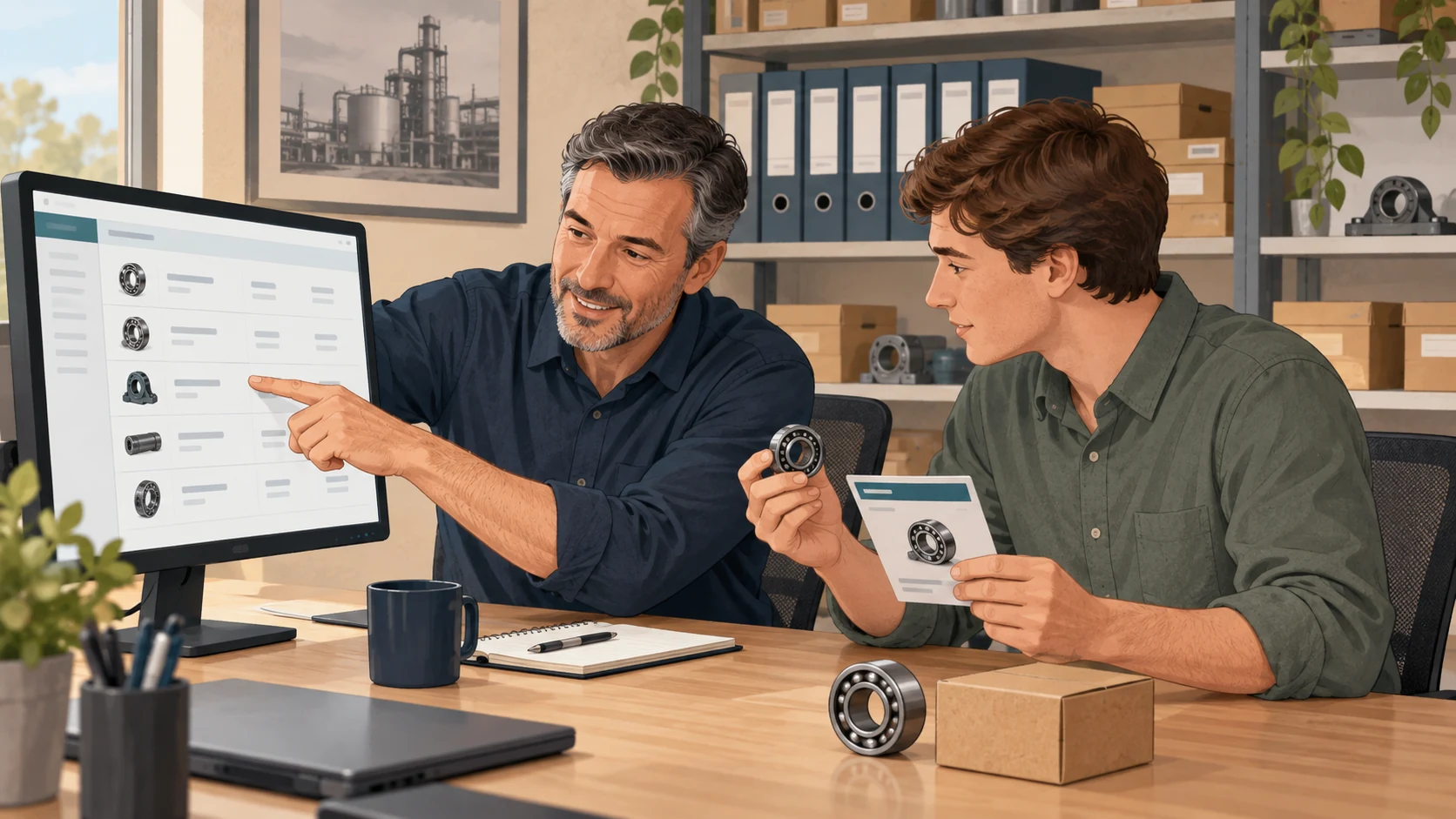An experienced salesperson helps a colleague identify a bearing using shared product records.
