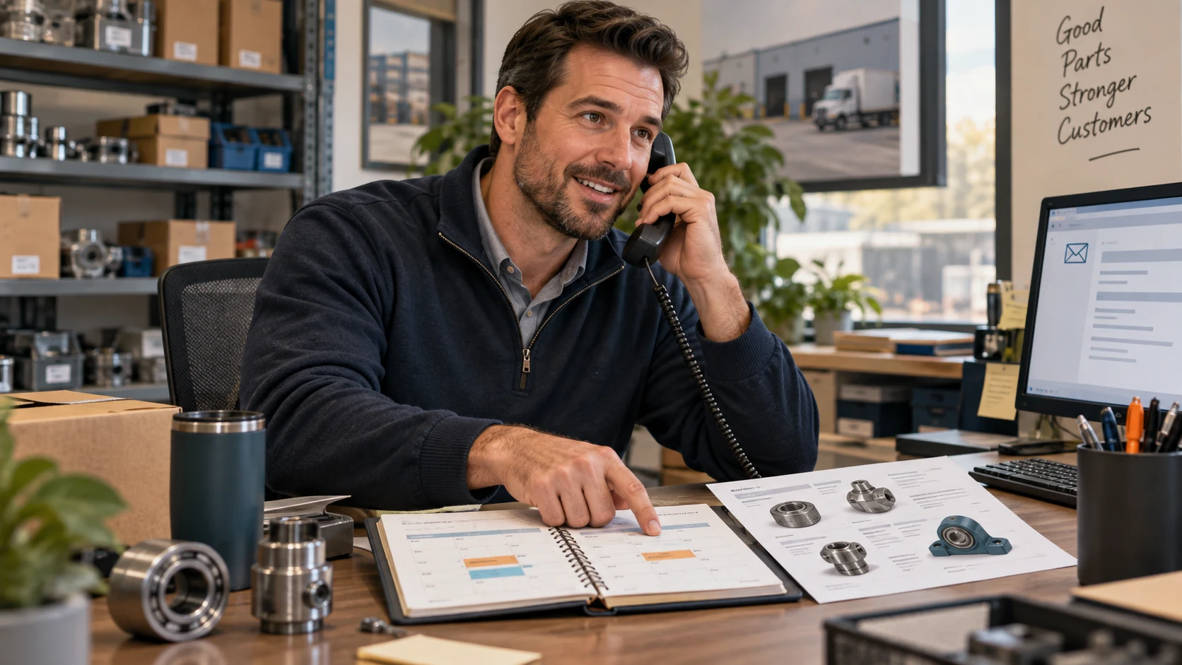 A salesperson follows up with a customer by phone while checking the quotation and delivery schedule.