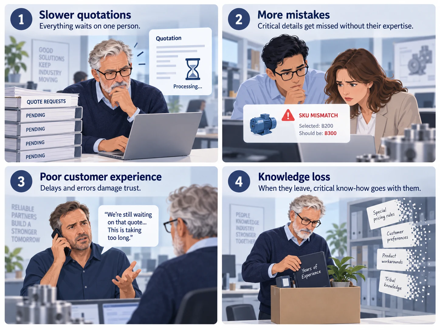 Four business risks from relying on one experienced employee: slower quotations, more mistakes, poor customer experience and knowledge loss.