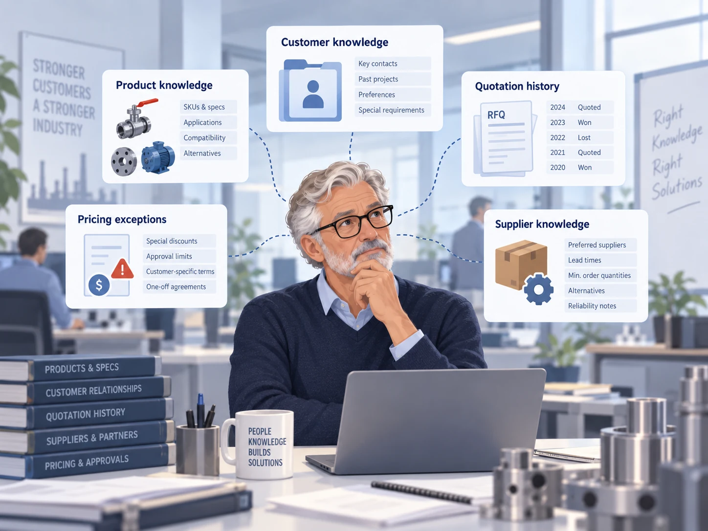 An experienced employee holds product, customer, pricing, quotation and supplier knowledge that the wider team needs.