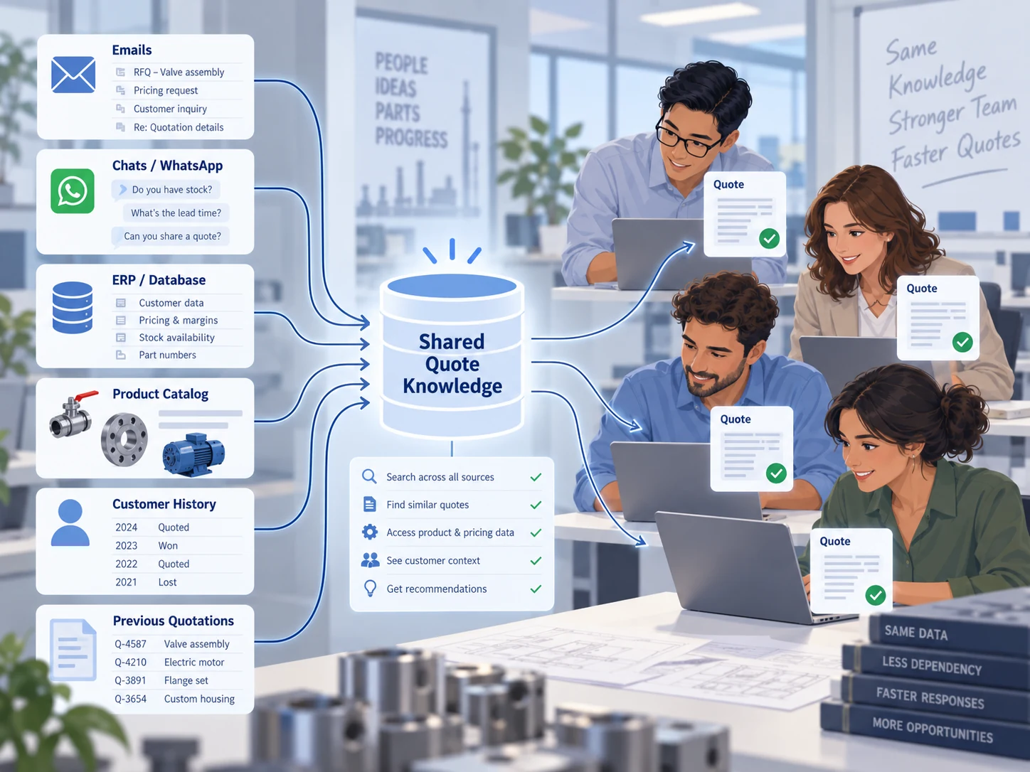 Product data, messages, customer history and previous quotations become shared knowledge that helps the whole sales team respond consistently.