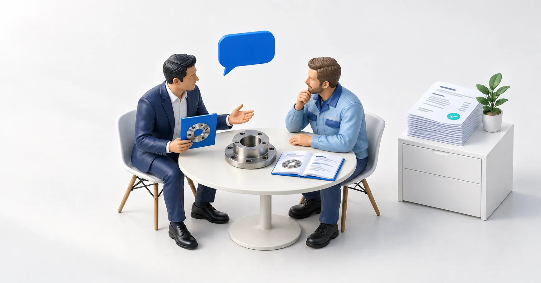 A salesperson helps a customer choose an industrial part while prepared quotes sit nearby.