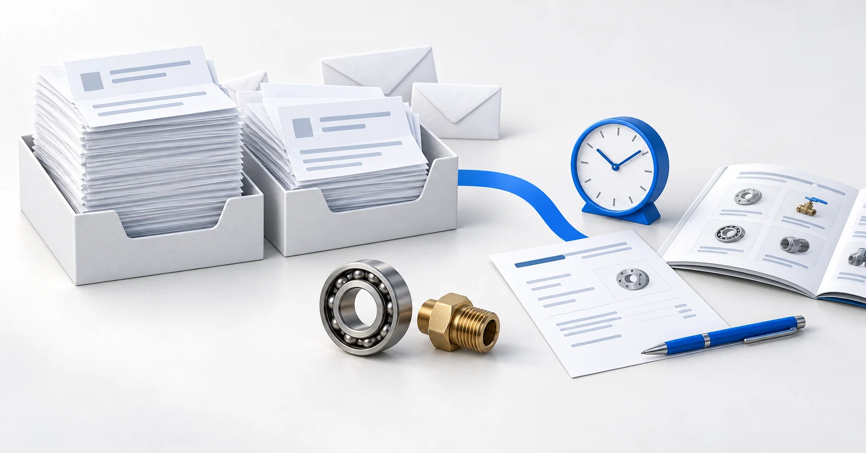 Pending enquiry sheets beside a clock, catalogue and a quote being prepared.