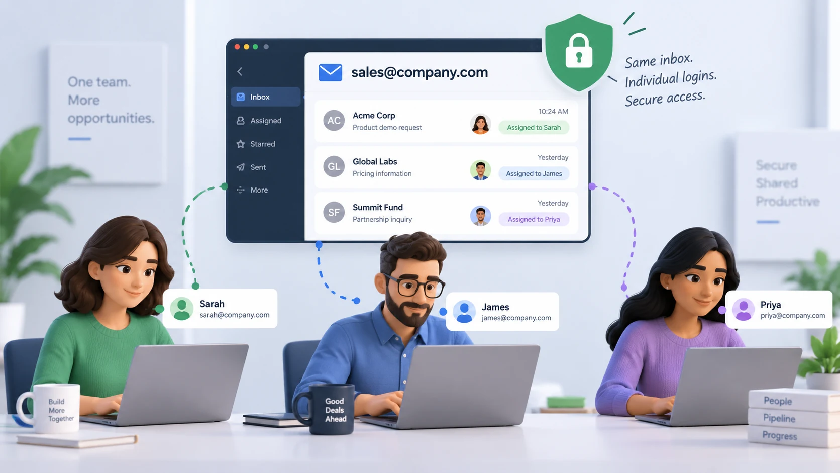 Salespeople access one shared company inbox through secure individual logins.