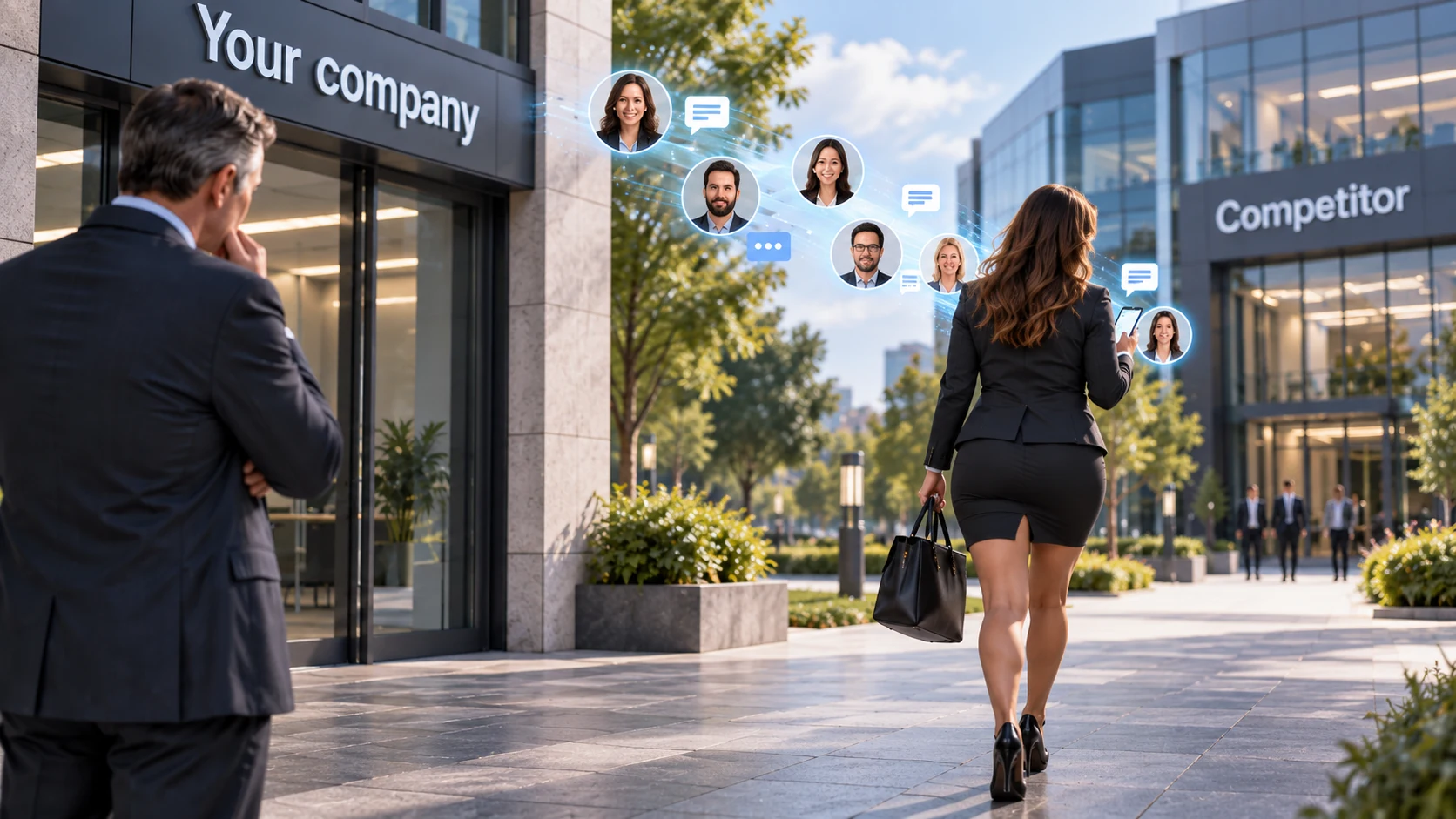 A departing employee walks towards a competitor with customer contacts and conversations on their phone.
