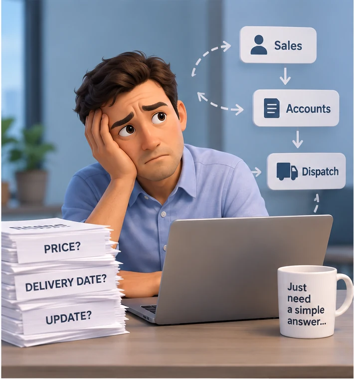 A frustrated customer waits for prices and delivery updates while being passed between sales, accounts and dispatch.