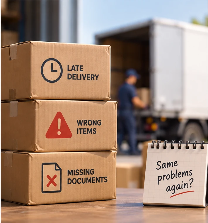 Boxes labelled late delivery, wrong items and missing documents show recurring supplier problems.